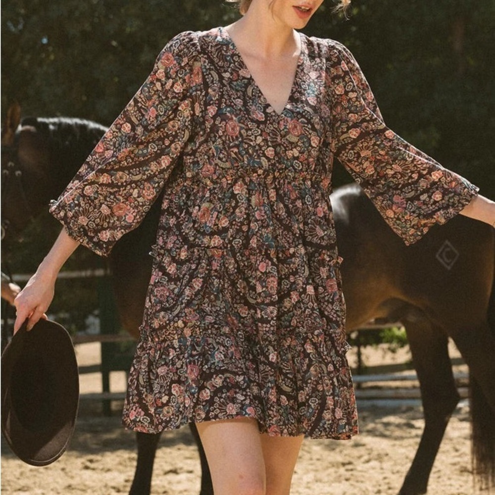 Cleobella Francesca Mini Dress XS Floral Print Boho Mini Long Bell Sleeve